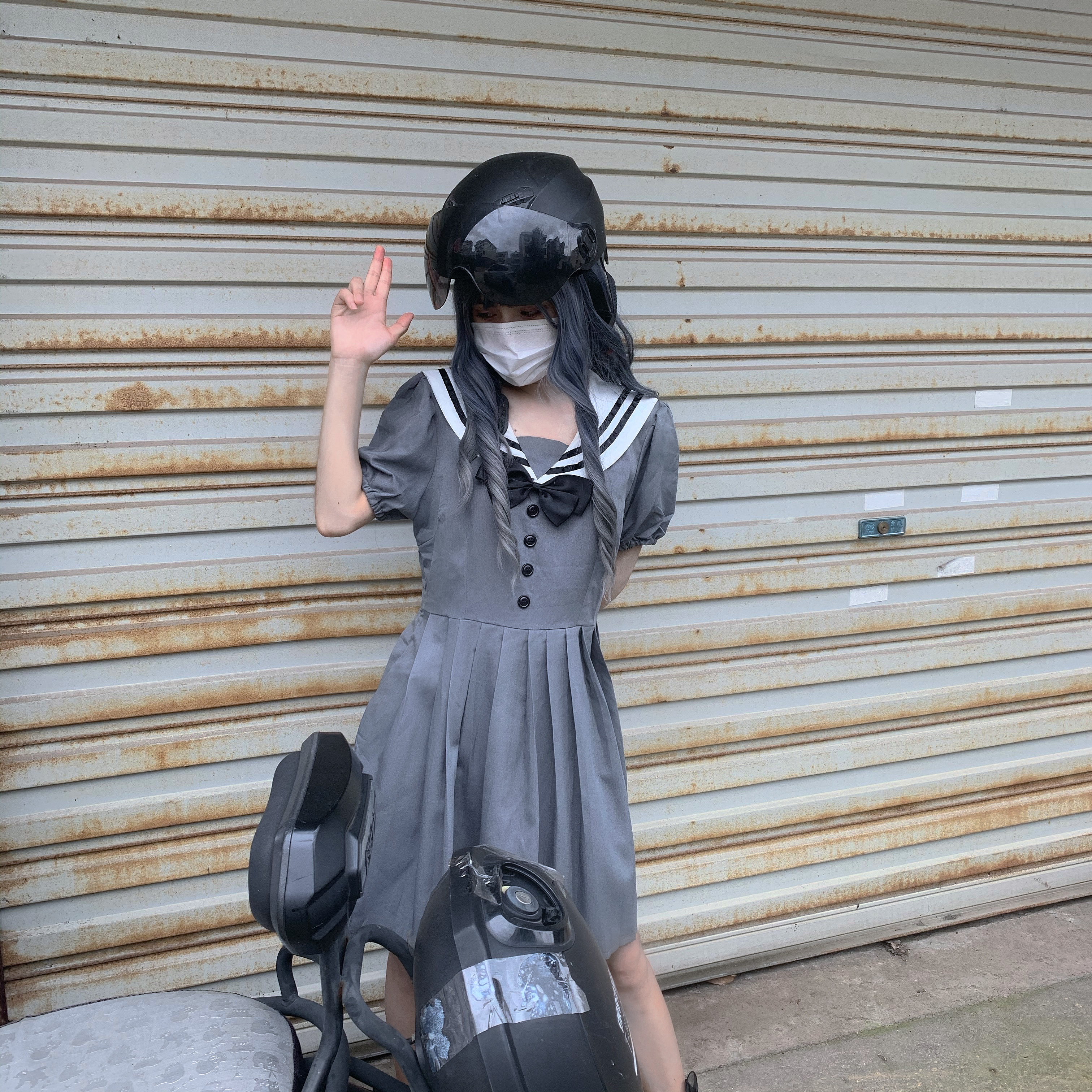 Japanese College Dark Sailor Collar Puff Sleeve High Waist Pleated JK Sailor Dress Women's 2020 Summer school girl uniform Image