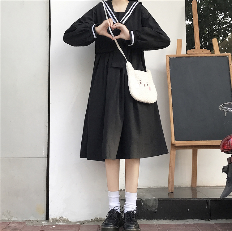 2020 New Japanese  Sweet College  Overknee dress Striped Sailor Collar Student Long Sleeve Dress Female Autumn  school uniform Image