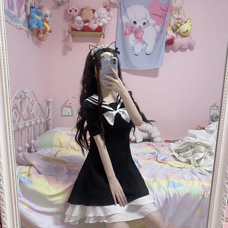Women's Summer Japanese College Sailor Collar Waist Hugging Slim Ruffles Short-Height Student JK Skirt japanese school uniform Image