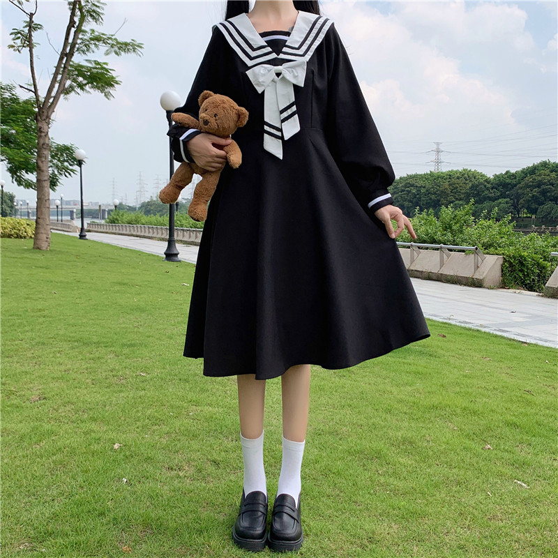 College Style Long-Sleeved Dress Women Spring and Autumn Japanese Sweet Bow Sailor Collar High Waist JK Sailor dress jk uniform Image