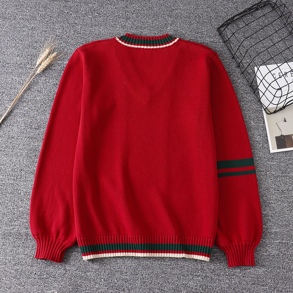 New S-XL Spring Autumn Women's Long Sleeve Stripes Knit Red Tops Pullovers V Neck Sweaters For Jk School Uniform Student Clothes Image