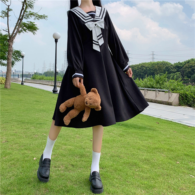 College Style Long-Sleeved Dress Women Spring and Autumn Japanese Sweet Bow Sailor Collar High Waist JK Sailor dress jk uniform Image