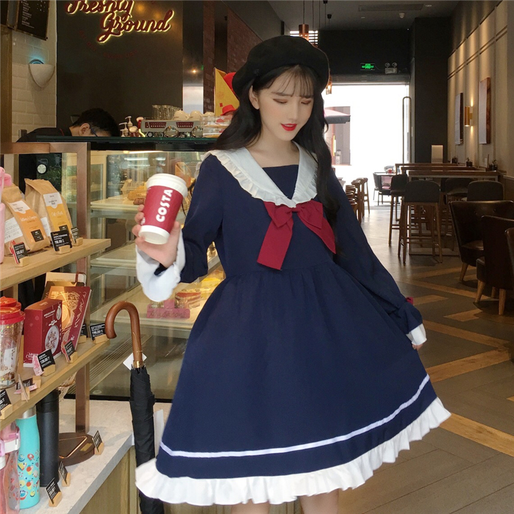 Summer Girl Cartoon Blue White Sailor Collar Dresses School Uniform Girls Preppy Cute Tie Short Sleeve Casual Dress Image