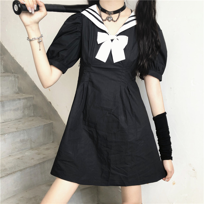 Japanese College Sailor Collar Puff Sleeve High Waist Slimming Sailor Suit JK Dress Female 2020 Summer japanese school uniform Image