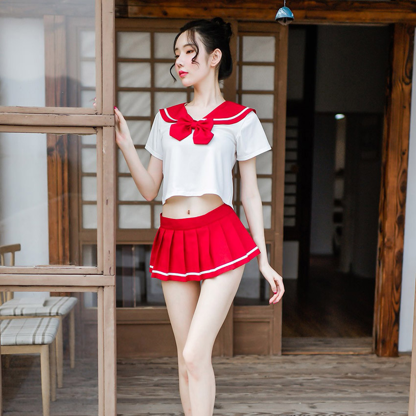 Sexy Women's JK Suit Navy Collar High School Uniform with Bow Tie Home Wear Mini Pleated Skirt Transparent Costume Lingerie Image