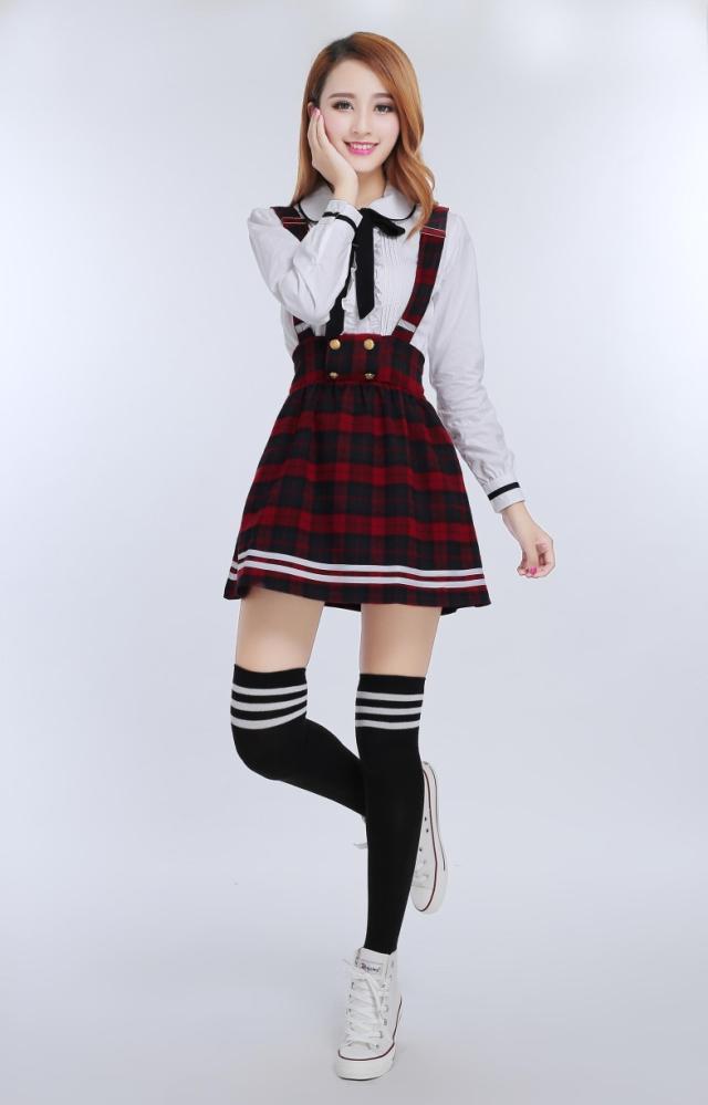 Japanese School Uniform for girls Students Class Sweet Clothes Plus size Navy Straps skirt +White Shirt +Stocking 3 Pcs / Set Image