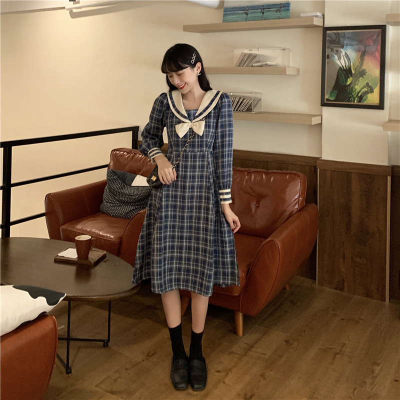 Long-Sleeve Dress Female Autumn Japanese Sweet Contrast Color Sailor Collar Bow  Plaid Dress  school girl uniform  jk uniform Image