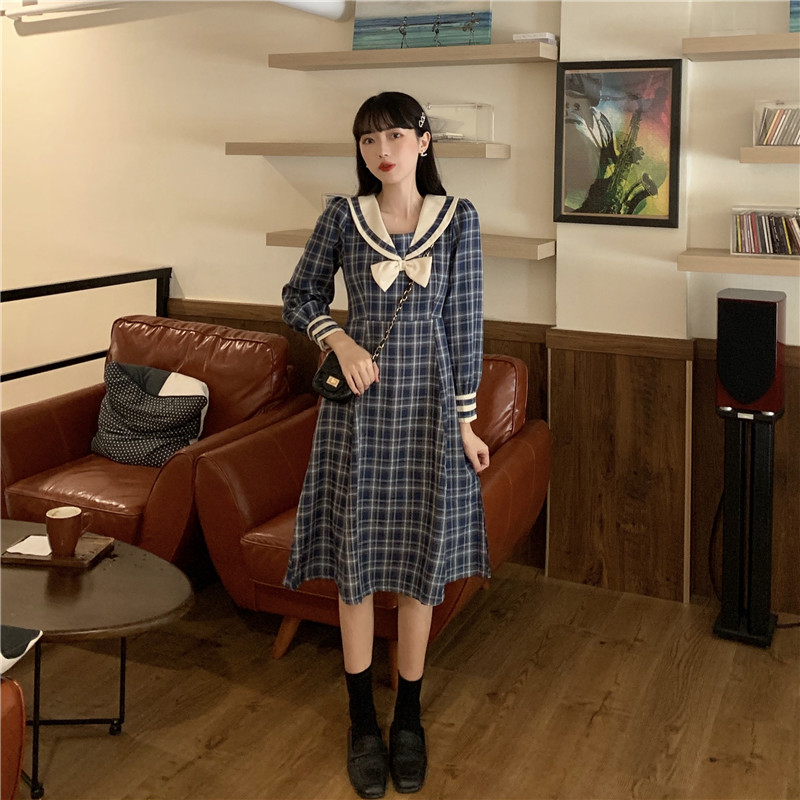 Long-Sleeve Dress Female Autumn Japanese Sweet Contrast Color Sailor Collar Bow  Plaid Dress  school girl uniform  jk uniform Image