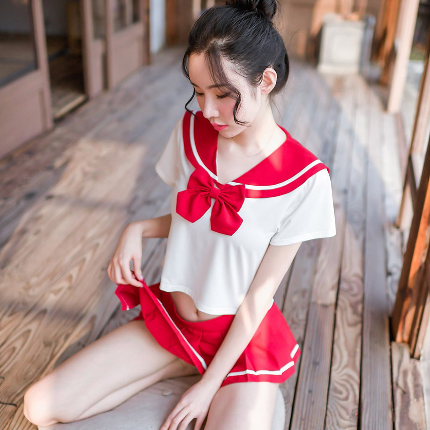 Sexy Women's JK Suit Navy Collar High School Uniform with Bow Tie Home Wear Mini Pleated Skirt Transparent Costume Lingerie Image