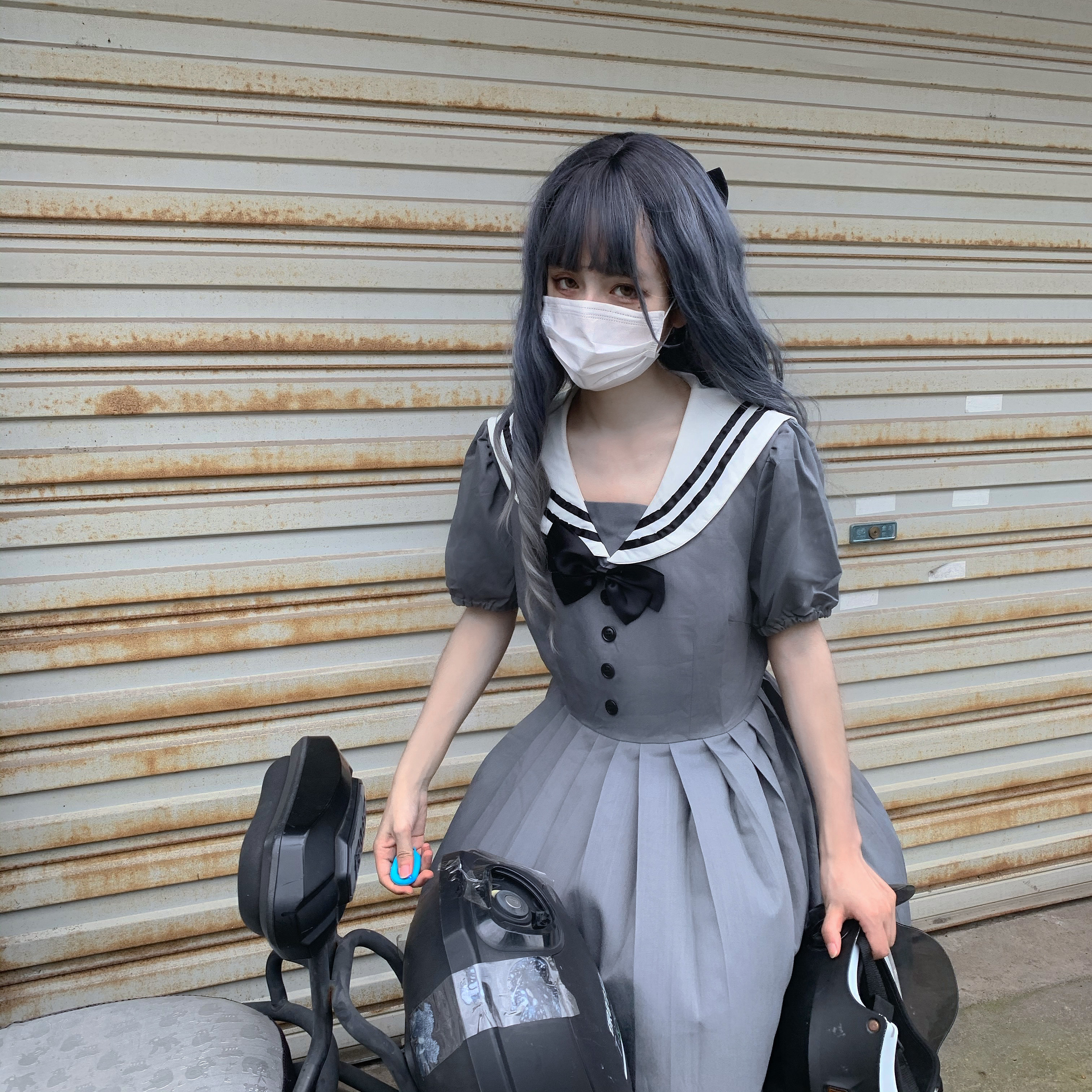 Japanese College Dark Sailor Collar Puff Sleeve High Waist Pleated JK Sailor Dress Women's 2020 Summer school girl uniform Image