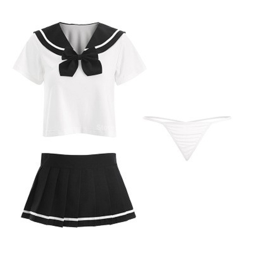 Sexy Women's JK Suit Navy Collar High School Uniform with Bow Tie Home Wear Mini Pleated Skirt Transparent Costume Lingerie Image