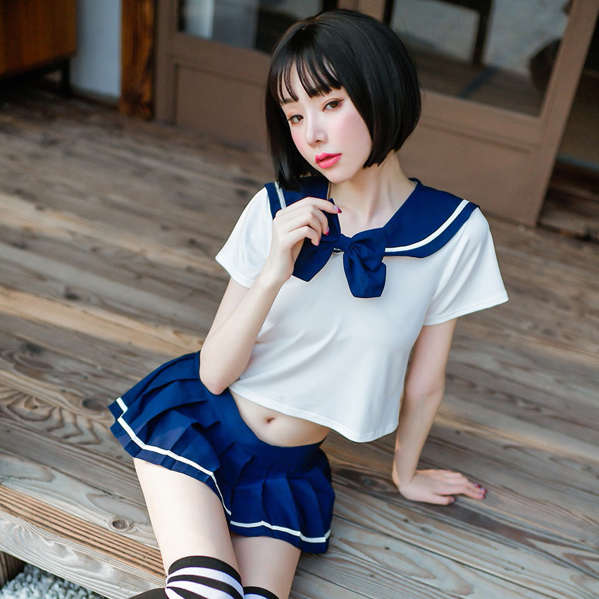Sexy Women's JK Suit Navy Collar High School Uniform with Bow Tie Home Wear Mini Pleated Skirt Transparent Costume Lingerie Image