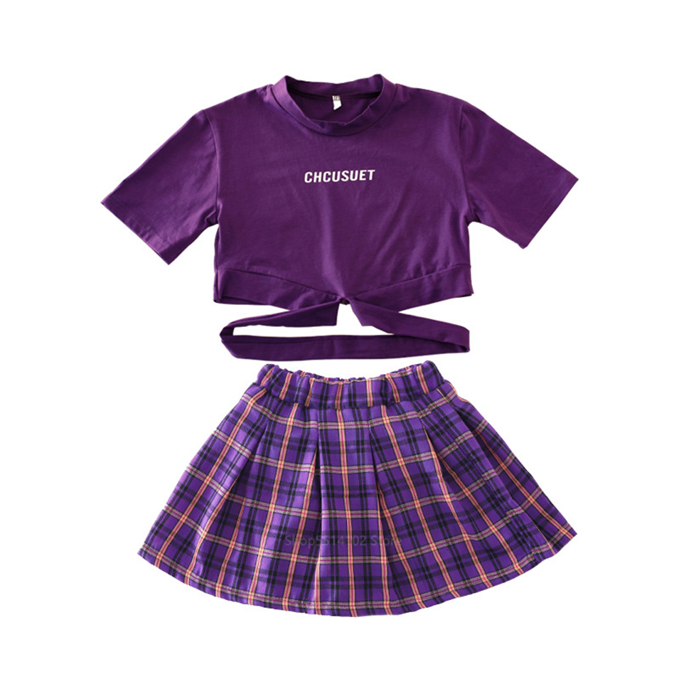 Kids Baby Girls School Korean Uniform Cheerleader School Team Hip Hop Competition Performance Cross Strap Top Plaid Skirt Set Image