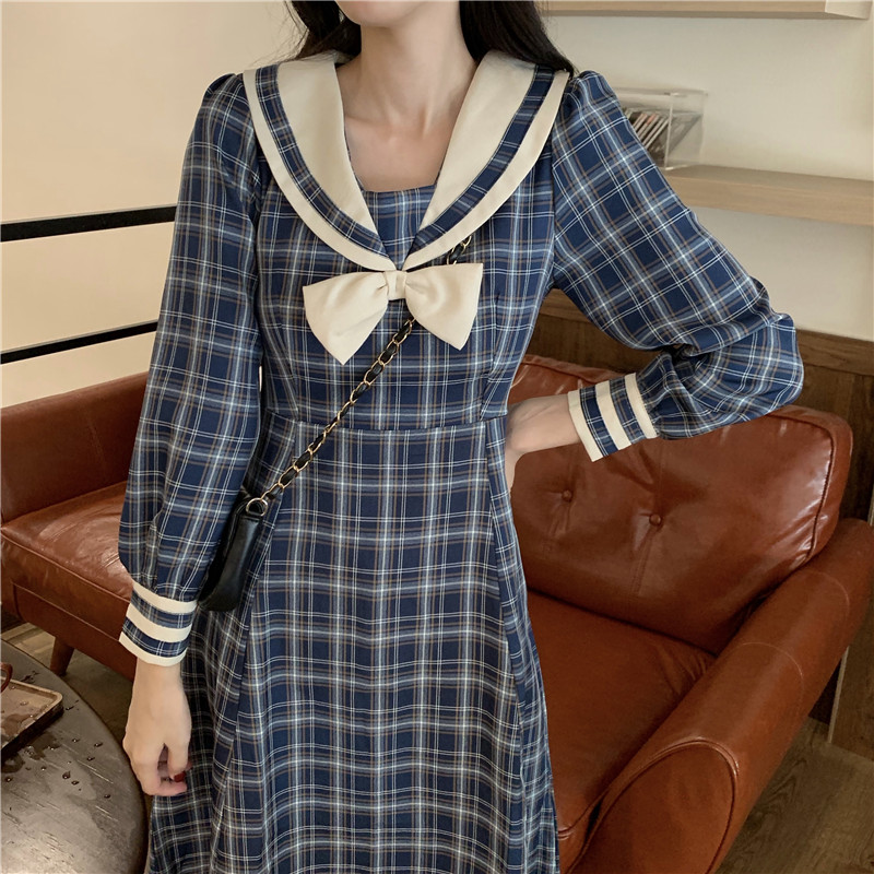 Long-Sleeve Dress Female Autumn Japanese Sweet Contrast Color Sailor Collar Bow  Plaid Dress  school girl uniform  jk uniform Image