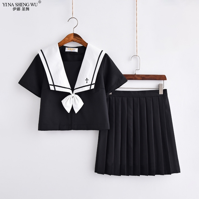 Cross Embroidery School Uniform High School Girl Sailor Suit Cosplay Costume Black Short Long Sleeve Japanese Anime Uniforms Image