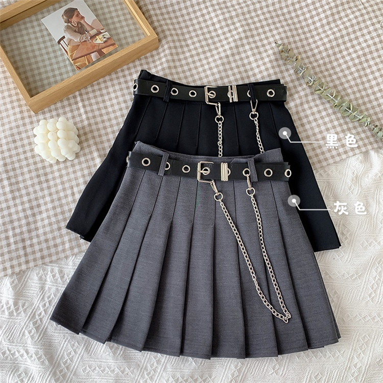 Women's 2020 Summer Korean- Retro High Waist Design Personalized Chain Pleated A- line  school girl skirt  school uniform Image