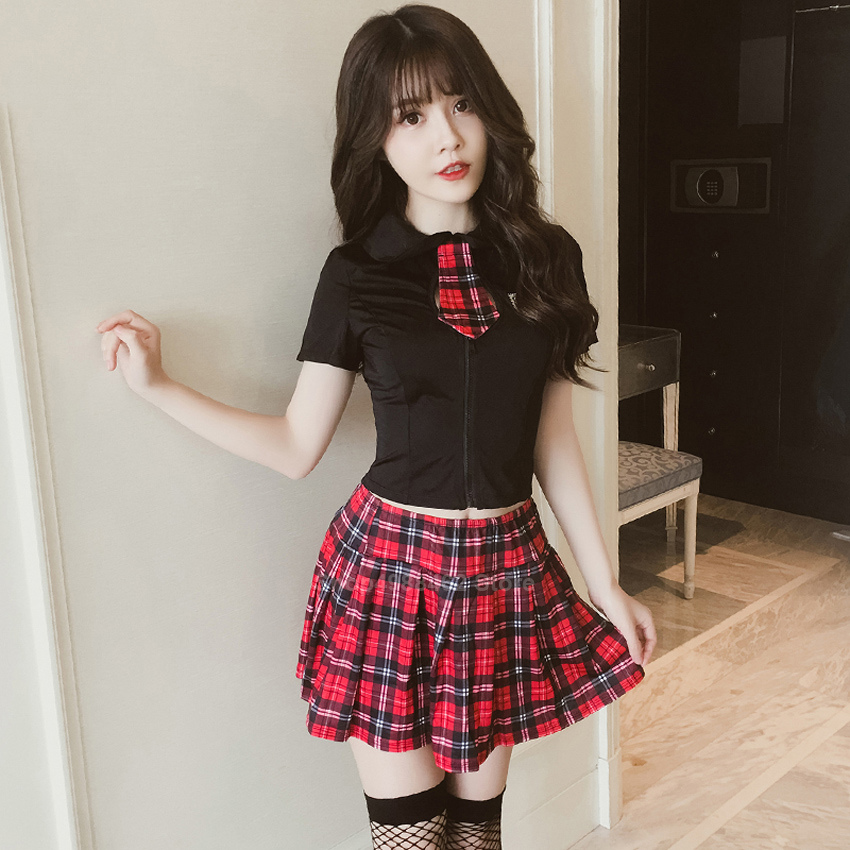 British High School Student Girls School Uniform Women Sexy JK Suit Bandage Backless Tops+Plaid Skirt Clothing Set for Female Image