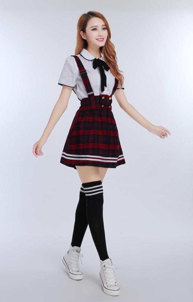 Japanese School Uniform for girls Students Class Sweet Clothes Plus size Navy Straps skirt +White Shirt +Stocking 3 Pcs / Set Image