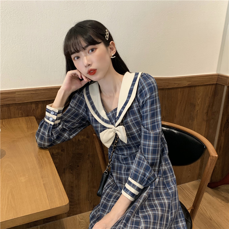Long-Sleeve Dress Female Autumn Japanese Sweet Contrast Color Sailor Collar Bow  Plaid Dress  school girl uniform  jk uniform Image
