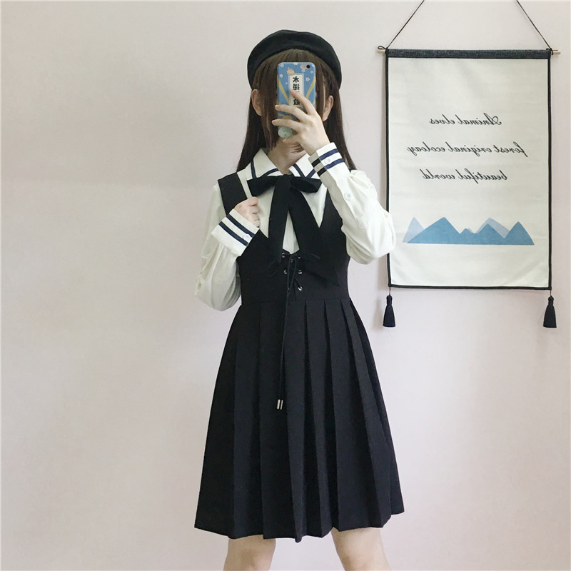 Japanese College JK Uniforms Long-Sleeved Shirt Pleated Suspender Dress Two-Piece Suit Female  school girl uniform Image