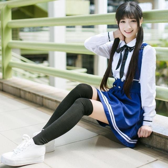 Japanese School Uniform for girls Students Class Sweet Clothes Plus size Navy Straps skirt +White Shirt +Stocking 3 Pcs / Set Image
