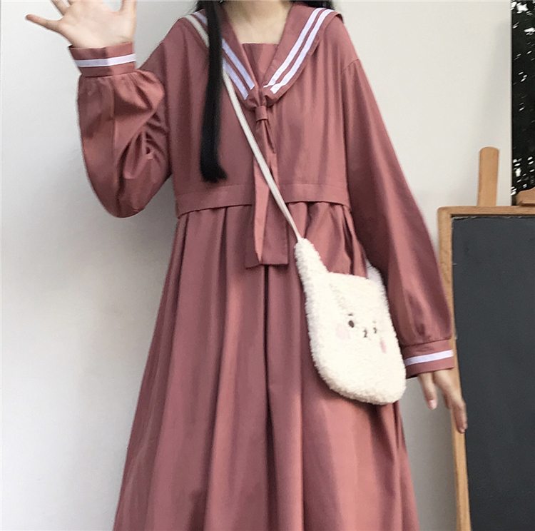 2020 New Japanese  Sweet College  Overknee dress Striped Sailor Collar Student Long Sleeve Dress Female Autumn  school uniform Image