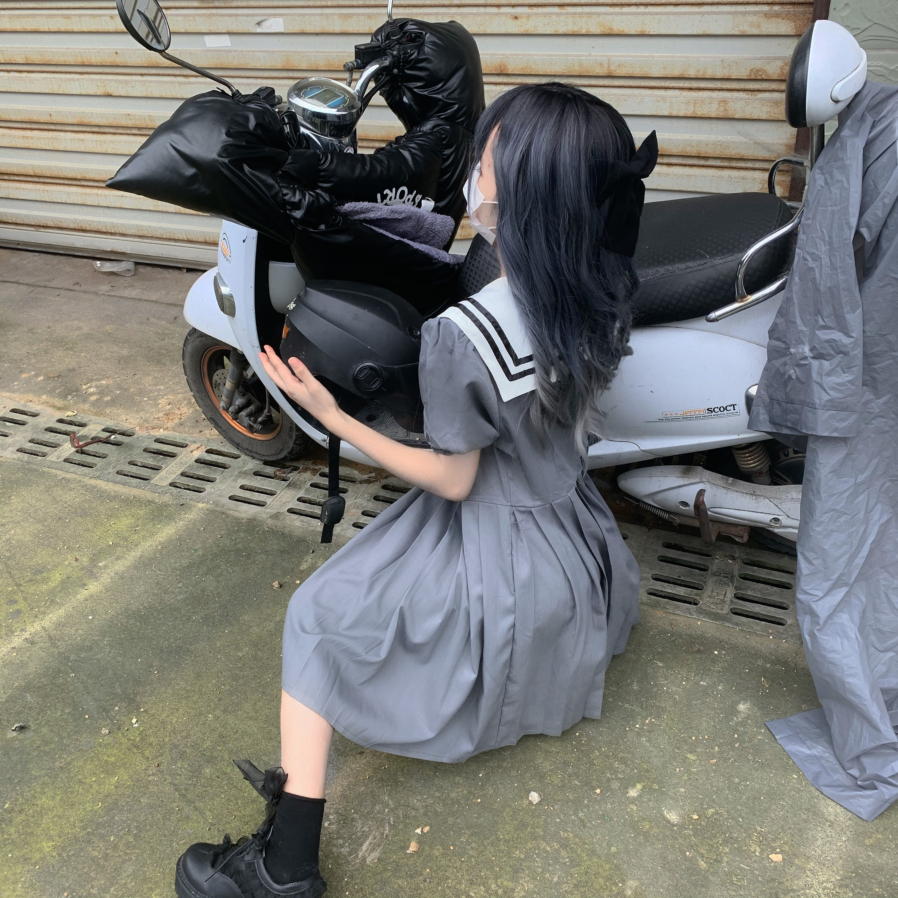 Japanese College  Dark Sailor Collar Puff Sleeve High Waist Pleated JK Sailor Dress Women's 2020 Summer school girl uniform Image