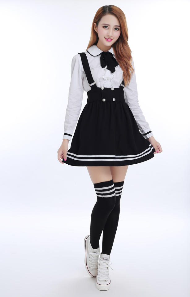 Japanese School Uniform for girls Students Class Sweet Clothes Plus size Navy Straps skirt +White Shirt +Stocking 3 Pcs / Set Image