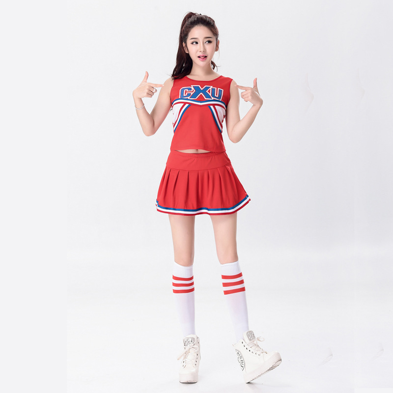 Free shipping Girls Cheerleader Uniform School Girl Costume Full Outfits Fancy Dress Costume top+skirt 2pcs 2 colors S-2 XL Image