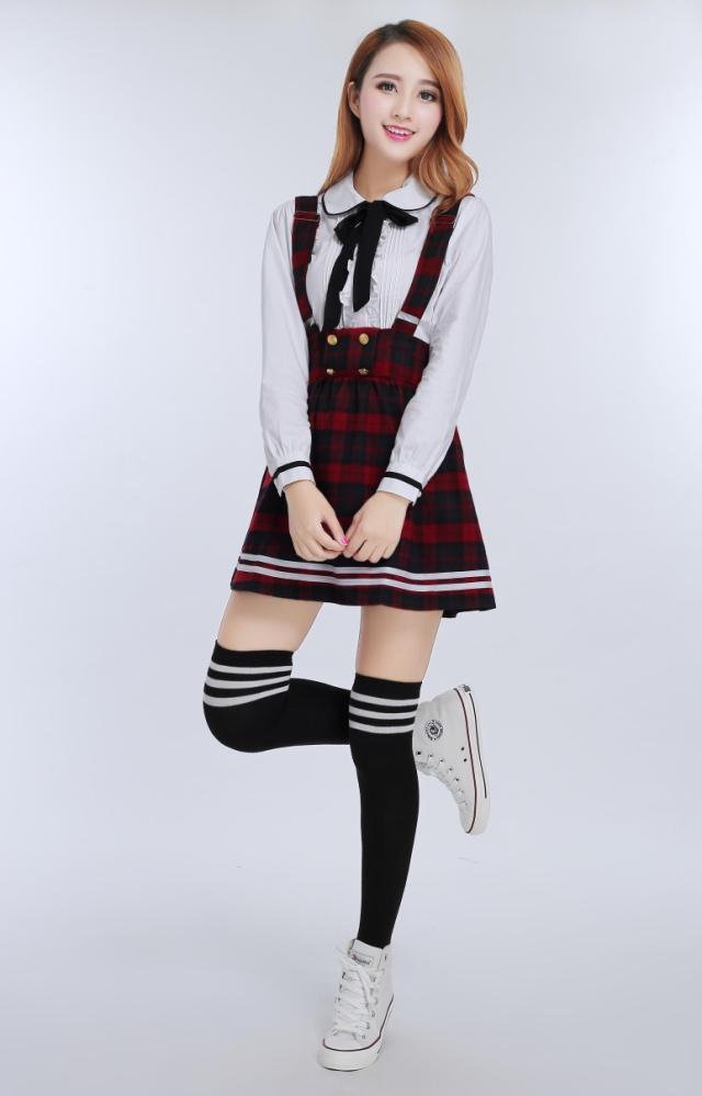 Japanese School Uniform for girls Students Class Sweet Clothes Plus size Navy Straps skirt +White Shirt +Stocking 3 Pcs / Set Image