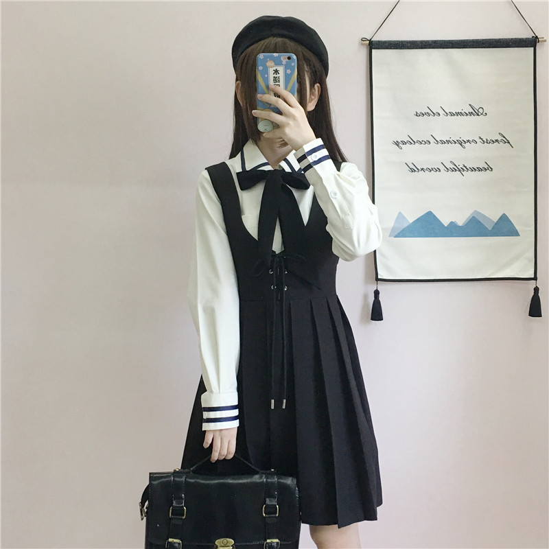 Japanese College JK Uniforms Long-Sleeved Shirt Pleated Suspender Dress Two-Piece Suit Female  school girl uniform Image