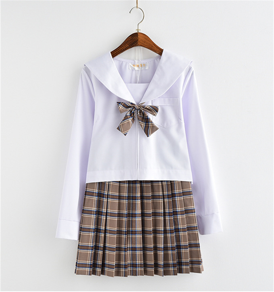 Japanese Style Fashion JK School Uniform College Girl Skirt Pleated Lattice Sailor Dress Tie Cute Girls Cosplay Clothing Set Image