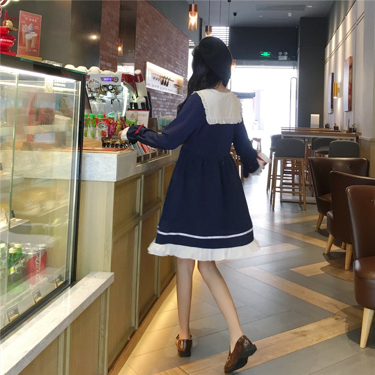 Summer Girl Cartoon Blue White Sailor Collar Dresses School Uniform Girls Preppy Cute Tie Short Sleeve Casual Dress Image