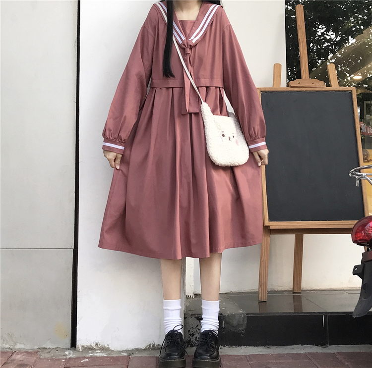 2020 New Japanese  Sweet College  Overknee dress Striped Sailor Collar Student Long Sleeve Dress Female Autumn  school uniform Image