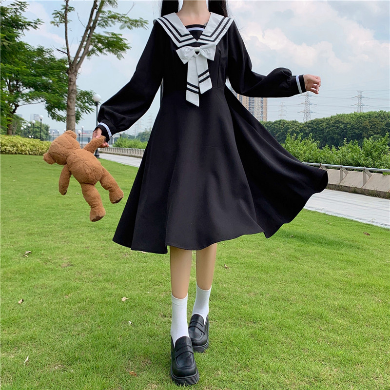 College Style Long-Sleeved Dress Women Spring and Autumn Japanese Sweet Bow Sailor Collar High Waist JK Sailor dress jk uniform Image