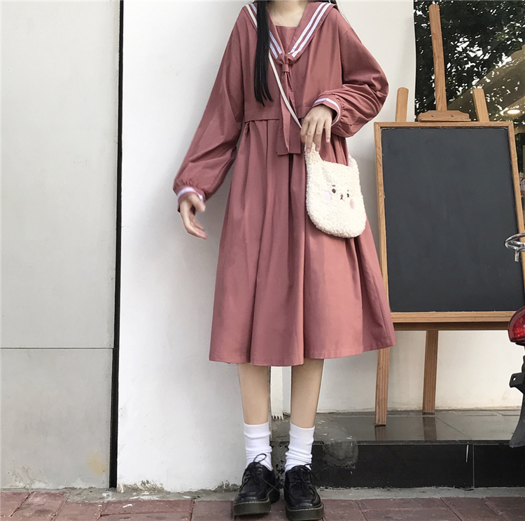 2020 New Japanese  Sweet College  Overknee dress Striped Sailor Collar Student Long Sleeve Dress Female Autumn  school uniform Image
