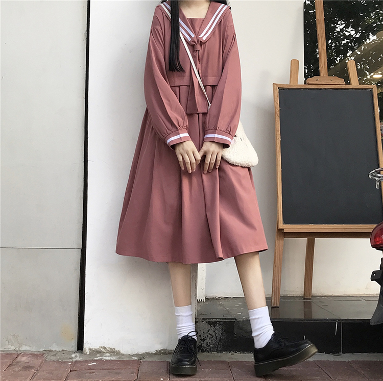 2020 New Japanese  Sweet College  Overknee dress Striped Sailor Collar Student Long Sleeve Dress Female Autumn  school uniform Image