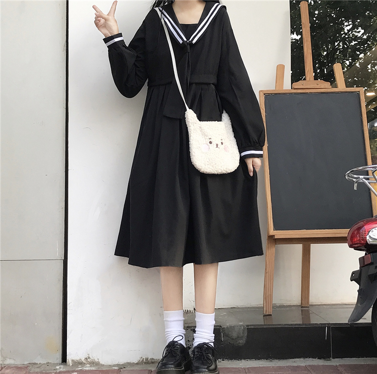 2020 New Japanese  Sweet College  Overknee dress Striped Sailor Collar Student Long Sleeve Dress Female Autumn  school uniform Image
