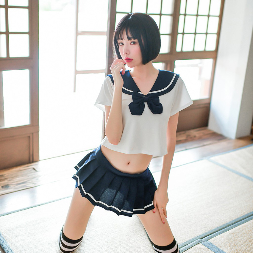 Sexy Women's JK Suit Navy Collar High School Uniform with Bow Tie Home Wear Mini Pleated Skirt Transparent Costume Lingerie Image