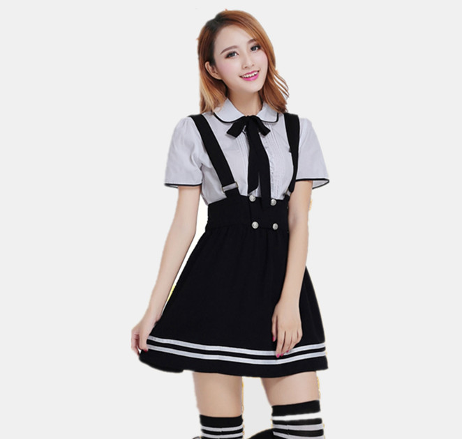 Japanese School Uniform for girls Students Class Sweet Clothes Plus size Navy Straps skirt +White Shirt +Stocking 3 Pcs / Set Image