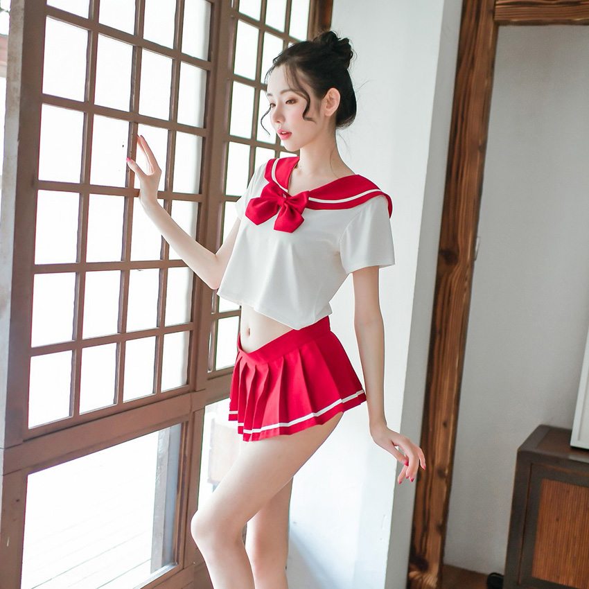 Sexy Women's JK Suit Navy Collar High School Uniform with Bow Tie Home Wear Mini Pleated Skirt Transparent Costume Lingerie Image