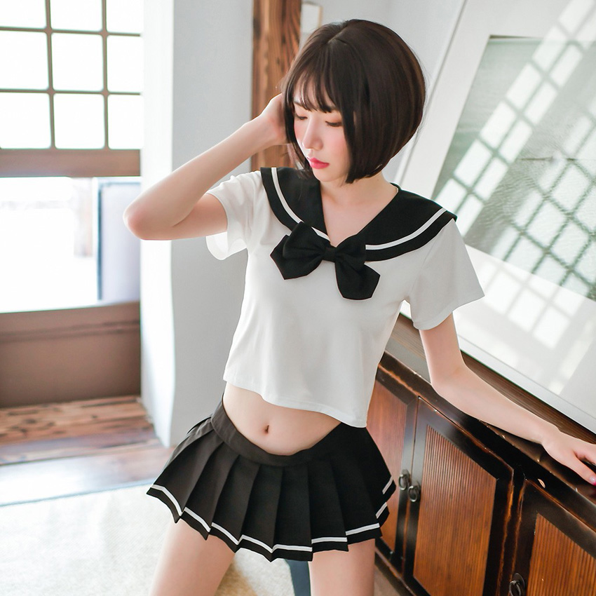 Sexy Women's JK Suit Navy Collar High School Uniform with Bow Tie Home Wear Mini Pleated Skirt Transparent Costume Lingerie Image