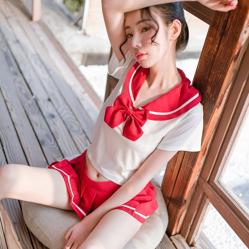 Sexy Women's JK Suit Navy Collar High School Uniform with Bow Tie Home Wear Mini Pleated Skirt Transparent Costume Lingerie Image