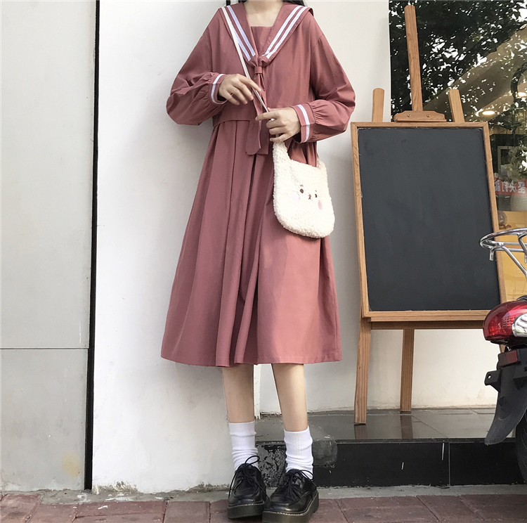 2020 New Japanese  Sweet College  Overknee dress Striped Sailor Collar Student Long Sleeve Dress Female Autumn  school uniform Image