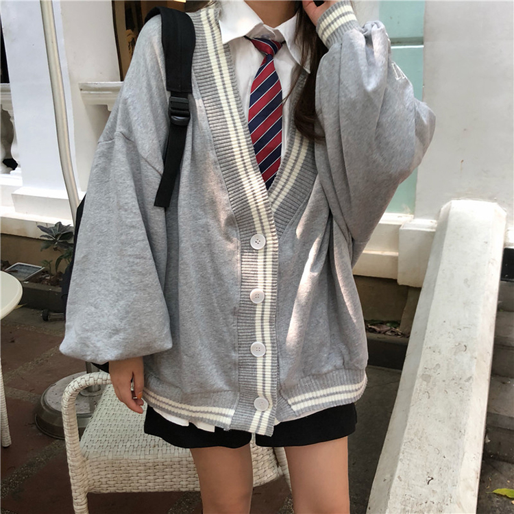 Spring Autumn Women Long Sleeve Knit Cardigan And Shirt V Neck Sweater Gray Drak Blue Coat Thicken Jk School Uniform Sweater Image
