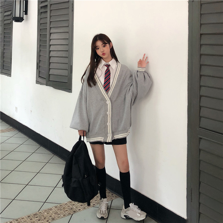 Spring Autumn Women Long Sleeve Knit Cardigan And Shirt V Neck Sweater Gray Drak Blue Coat Thicken Jk School Uniform Sweater Image