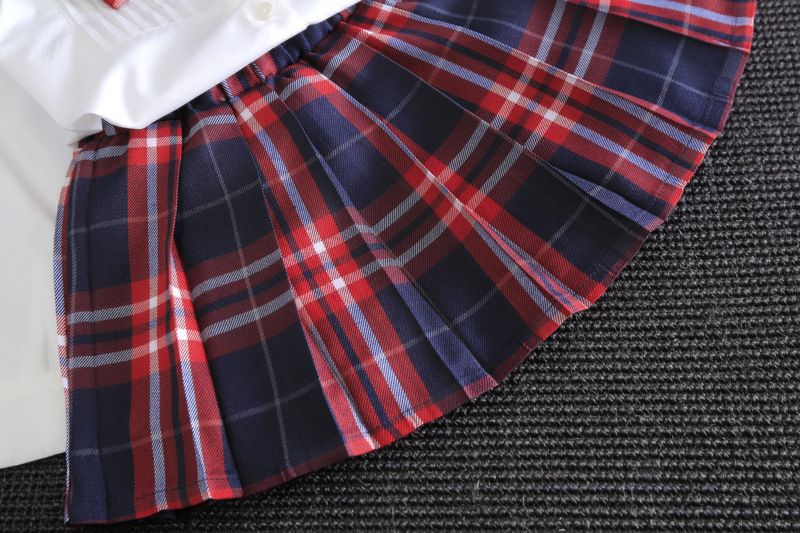 90-130cm Children British Style School Uniform for Kids Girls White Blouse Red Plaid Skirt Set Choir Performance Dance Costumes Image