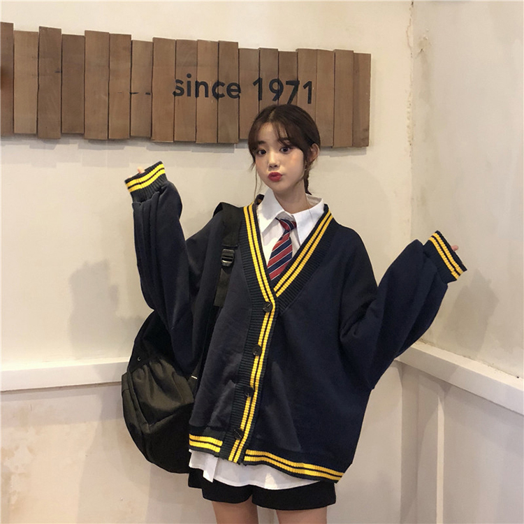 Spring Autumn Women Long Sleeve Knit Cardigan And Shirt V Neck Sweater Gray Drak Blue Coat Thicken Jk School Uniform Sweater Image