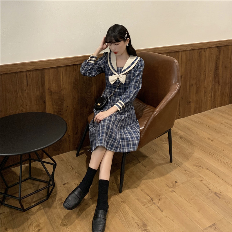 Long-Sleeve Dress Female Autumn Japanese Sweet Contrast Color Sailor Collar Bow  Plaid Dress  school girl uniform  jk uniform Image