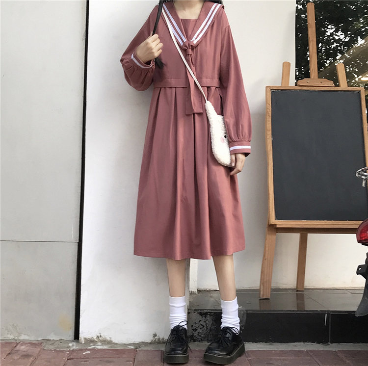 2020 New Japanese  Sweet College  Overknee dress Striped Sailor Collar Student Long Sleeve Dress Female Autumn  school uniform Image